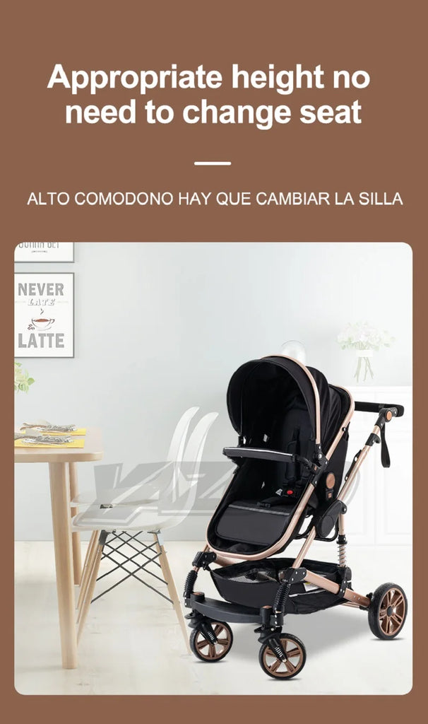 Luxurious 3 in 1 Baby Stroller Portable Travel Baby Carriage Folding Prams Aluminum Frame High Landscape Car for Newborn Baby BLACK