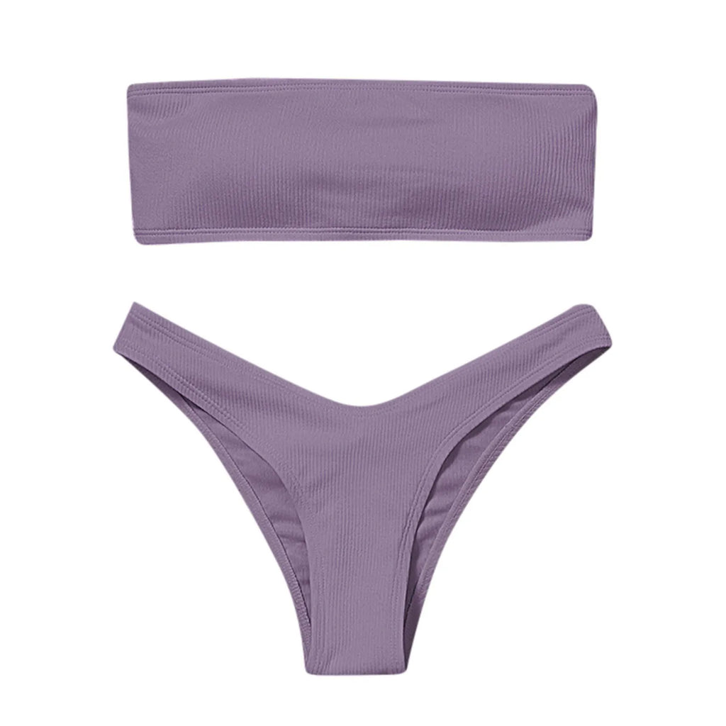 Sexy Textured Bikini 2024 Bandeau Swimsuit Women Swimwear Push Up Bikini Set Solid Bathing Suit Beach Wear Biquini Female