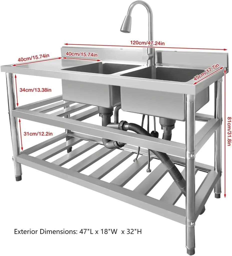 304 Stainless Steel Sink Commercial Restaurant Kitchen Sink with Drawable Hot & Cold Water Faucet