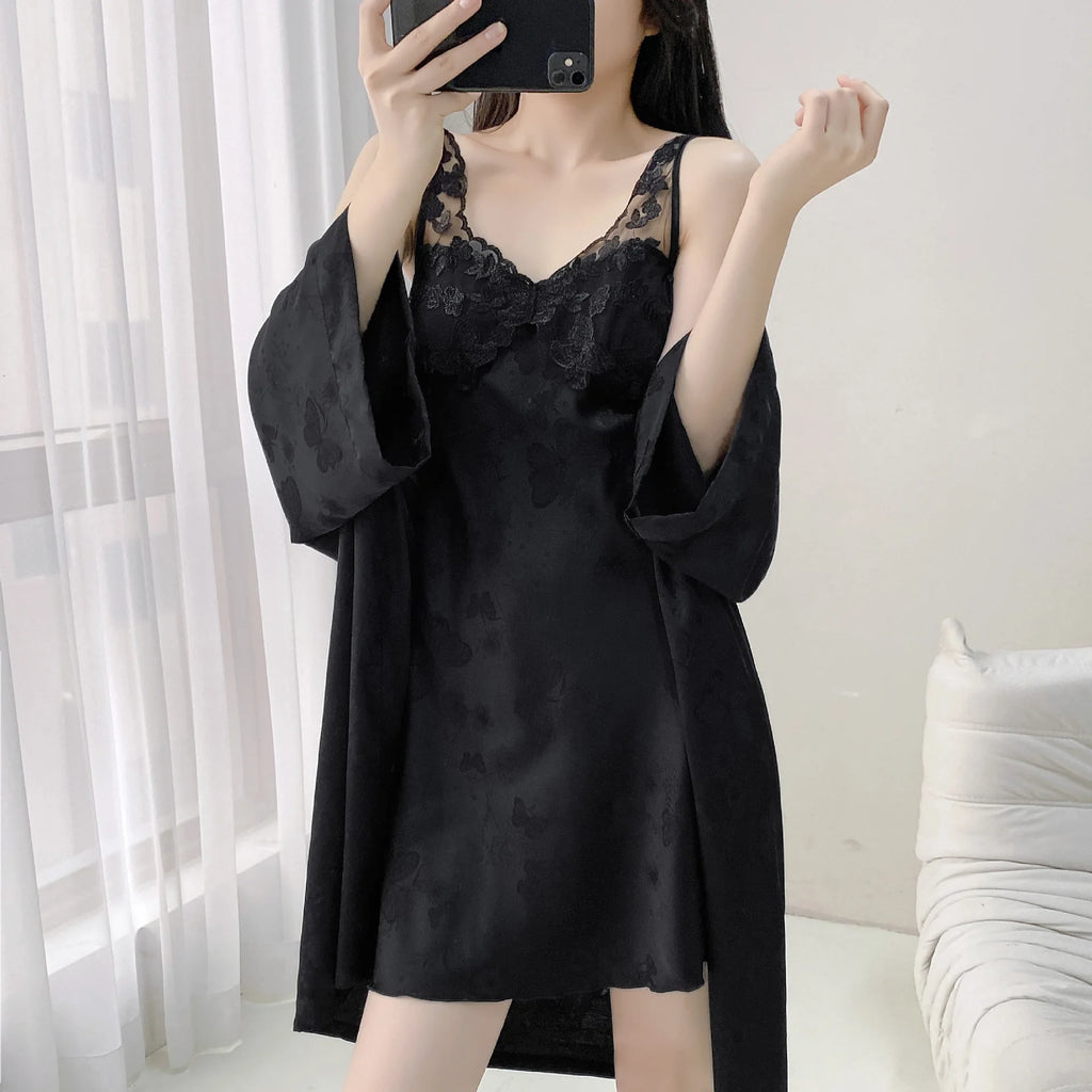 Sexy Lace Wedding Nighty&Robe Set Dress New Women Nightwear Suspender Nightgown Chemise Sleepwear Lingerie Silk Satin Home Wear