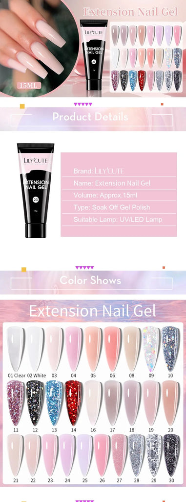 LILYCUTE 15ml Nail Extension Gel Kit Soak Off UV Gel Acrylic White Clear Pink Gel Nail Polish LED Lamp Manicure Set For Nail Art