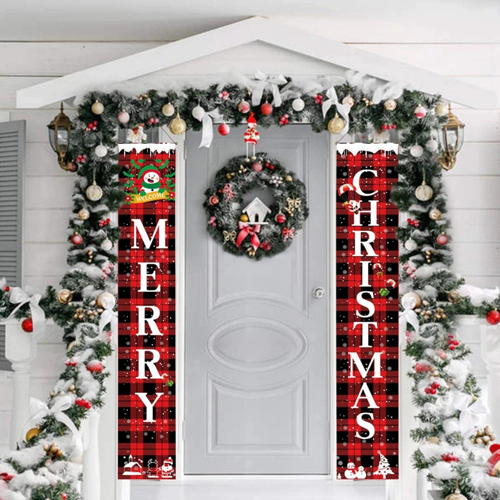 Christmas Decorations Outdoor Yard Front Porch Sign Set Red Black Buffalo Plaid Door Banner Hanging Merry Christmas Decorations