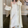 Women Long Twinset Robe Set Sexy Lace Trim Wedding Bathrobe Kimono Gown Sleepwear Elegant Ice Silk Nightgown Loungewear Homewear