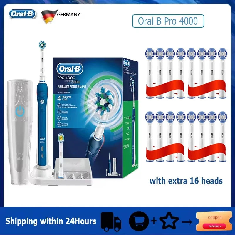 Oral B Pro 4000 Electric Toothbrush Rechargeable 3D Visible Pressure Sensor 4 Modes Sonic Tooth Brush for Adults Oral Cleaning