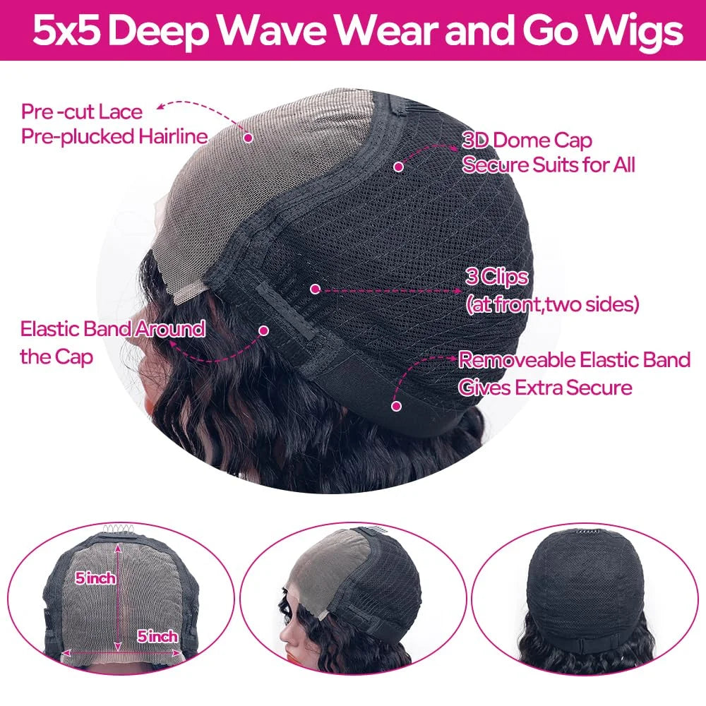 Deep Wave Glueless Wig Human Hair Ready To Wear And Go PrePlucked For Women Precut 6x4 Closure Curly Lace Front Wigs On Sale