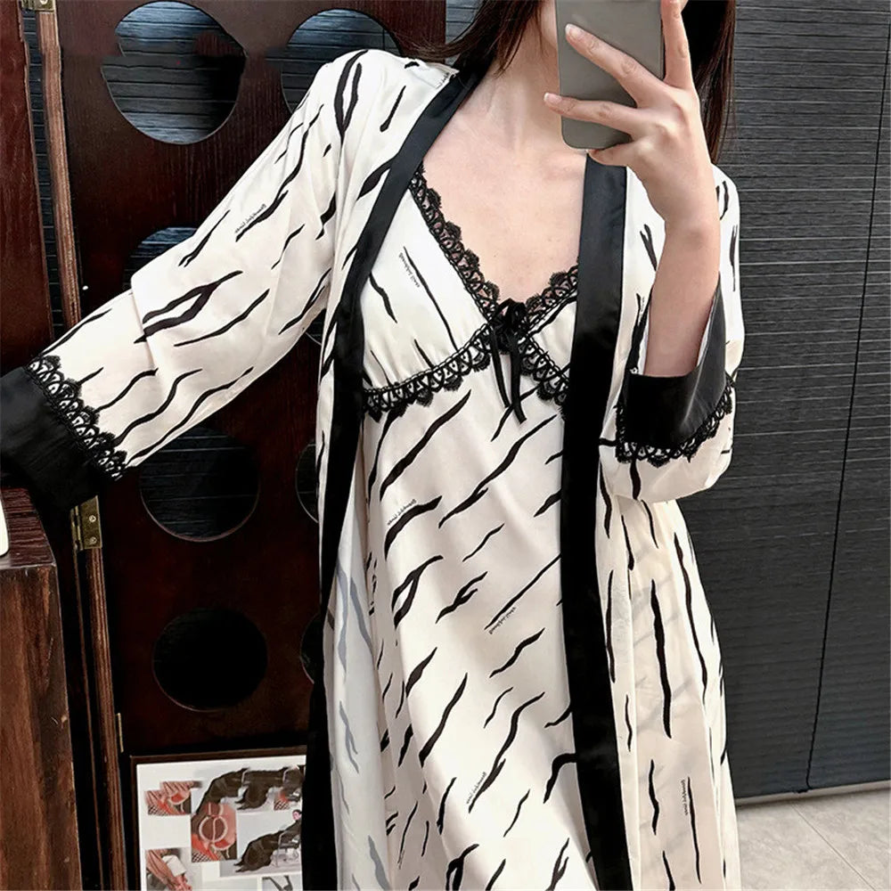 Female Nighty&Robe Set Sleepwear Summer Bathrobe Nightgown Sexy Lace Suspender Nightdress Home Dressing Gown Rayon Nightwear