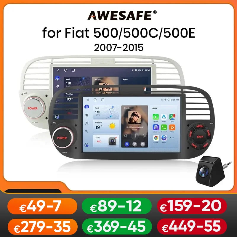 AWESAFE Wireless CarPlay for Apple Android 13 Auto Radio for FIAT 500 Abarth 2007 2008 2009-2015 Multimedia Screen Stereo GPS