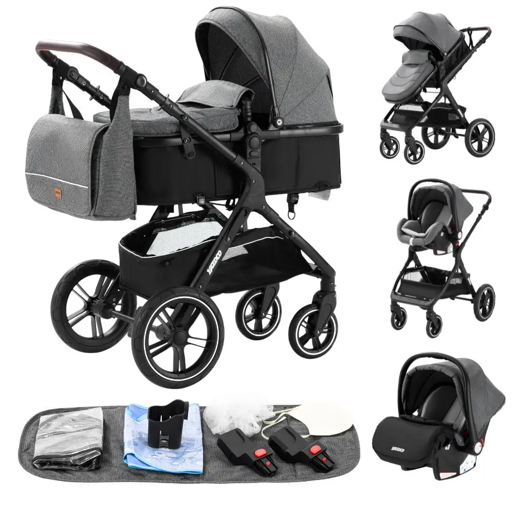 Luxurious 3 in 1 Baby Stroller Portable Travel Baby Carriage Folding Prams Aluminum Frame High Landscape Car for Newborn Baby BLACK