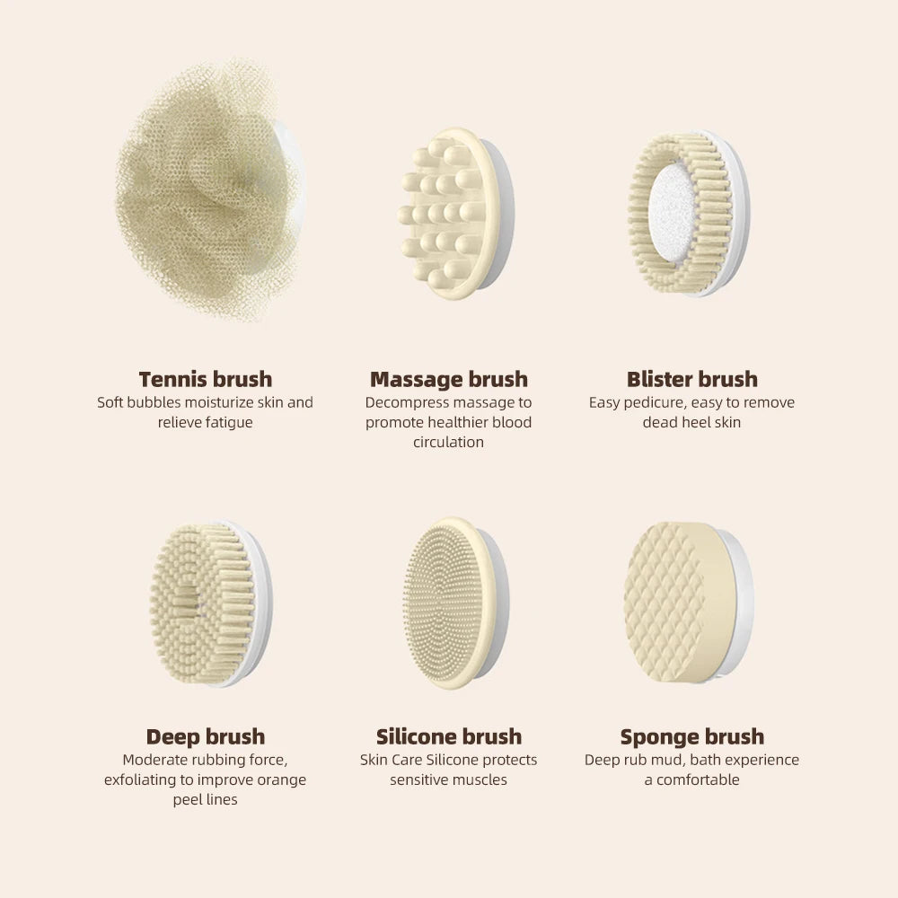 Electric shower brush, rechargeable, waterproof IPX7, 3-speed 6-in-1, wireless shower brush head, lazy scrubbing tool