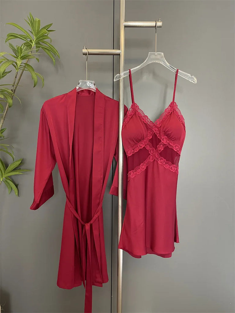 Sexy Female Nighty&Robe Set Lingerie Spring Summer Bathrobe Nightgown Two Piece Set Loose Silk Satin Home Dress Lounge Wear