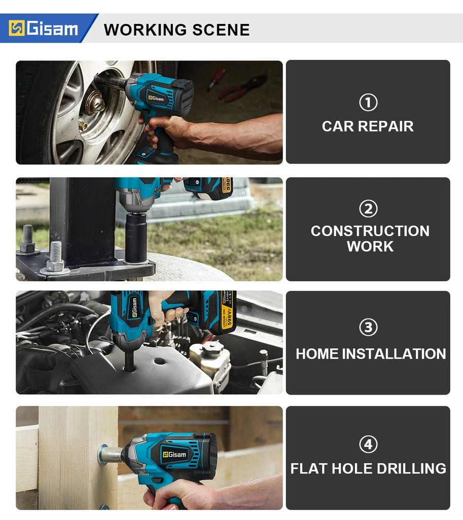 Gisam 1200N.M Torque Brushless Electric Impact Wrench 1/2 inch Cordless Wrench Screwdriver Power Tool for Makita 18V Battery Pin