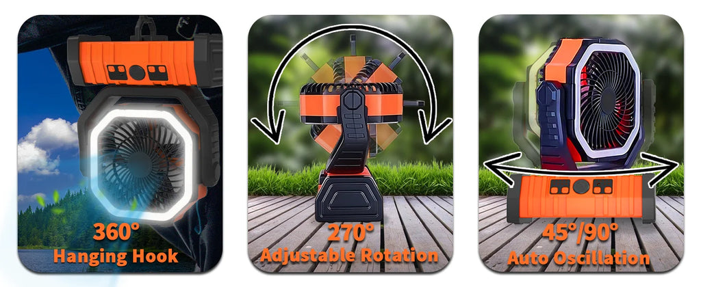 Portable USB Rechargeable Camping Fan Wireless Handheld Cooling Fan with Hook 270° Rotatable Head 10000mAh 20000mAh