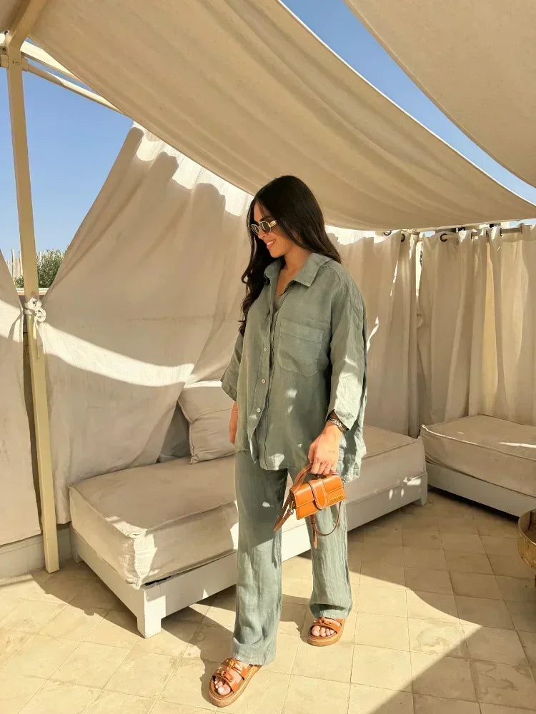 Women Vintage Solid Loose Pants Suit Lapel Single Breasted Long Sleeve Shirt Wide Leg Pants 2 Pcs Set 2025 New Ladies Streetwear