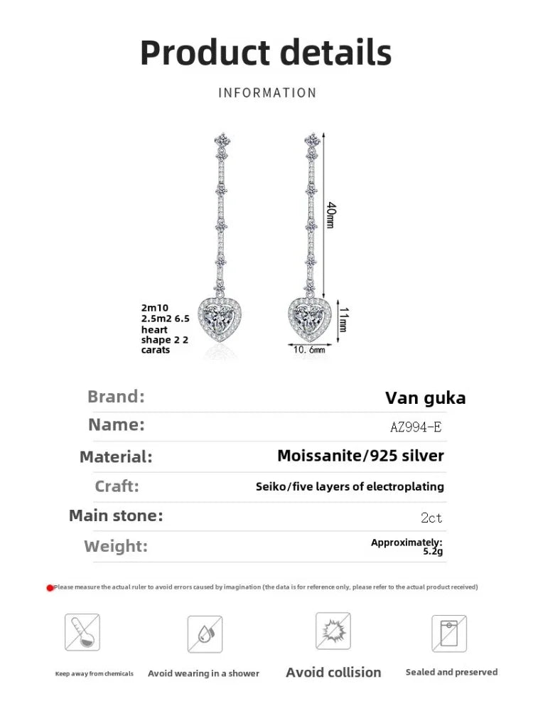 Hot sales Silver earrings jewelry 925 sterling silver charms earrings Long Fringed Love Bag Moissanite is suitable for daily wea