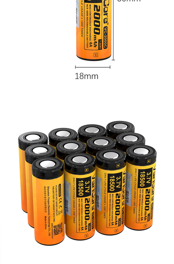 VariCore 18500 3.7V 2000mAh Rechargeable Li-ion Lithium Battery Cell Protected for Flashlight Toys RC Device High Capacity