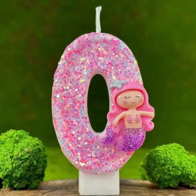 Sanrio Handmade DIY1pc Number 0-9 Pink cartoon mermaid Digital Candles with Sequins Suitable for Birthday Party Cake Decoration