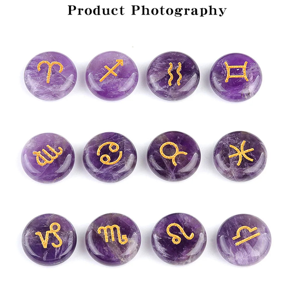 12pcs 18mm Round Zodiac Ornament Natural Stone Crystal Agate 12 Zodiac Sign Rune Reiki Stone Jewelry Accessories Christmas Gift