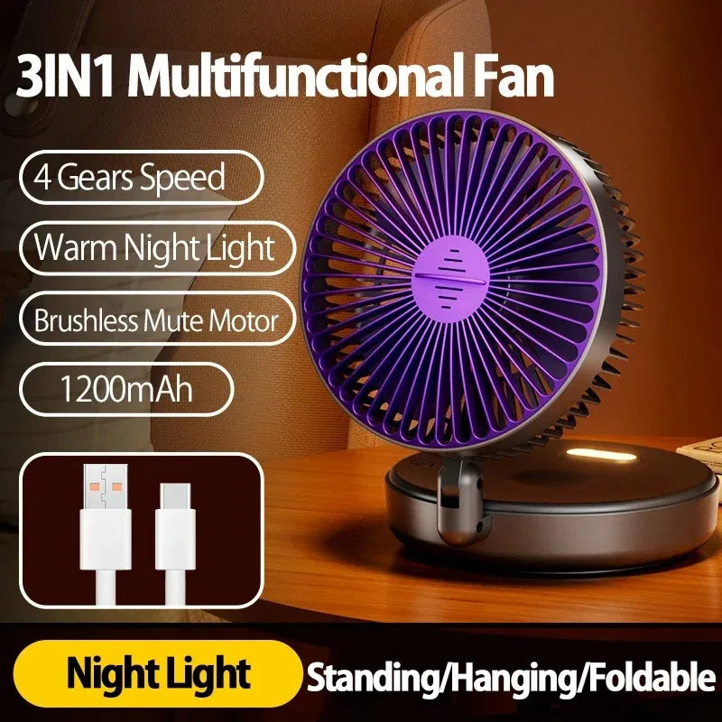 Foldable Desktop Fan Mini  Wall-Mounted Fan With Warm Night Light Rechargeable 4 Gears Adjustable Portable Air Circulation Fan - Mighty Dollars