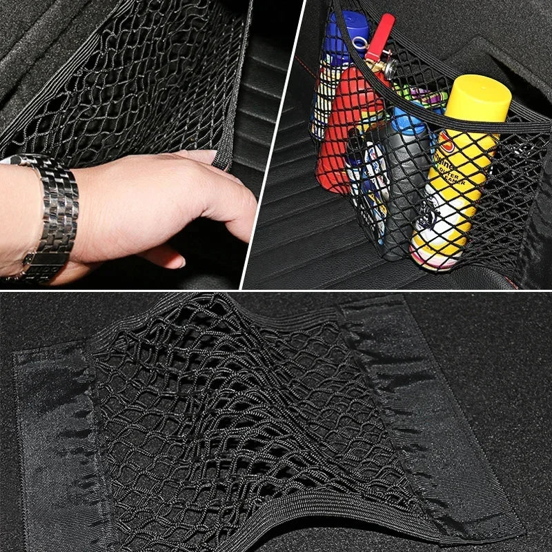 Car Storage Net Stretchable Mesh Pocket Net Magic Elastic Sticker Universal Rear Mesh Trunk Seat Bag Pocket Cage Auto Organizer