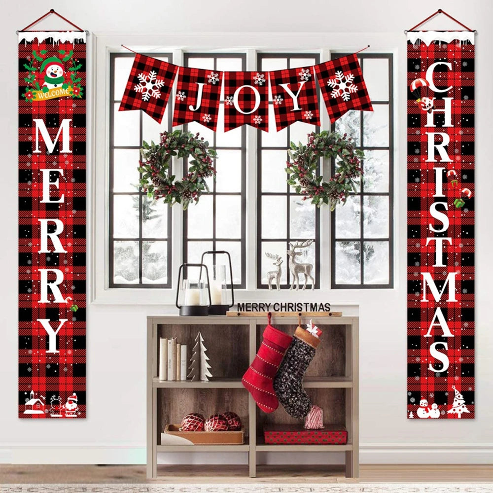 Christmas Decorations Outdoor Yard Front Porch Sign Set Red Black Buffalo Plaid Door Banner Hanging Merry Christmas Decorations