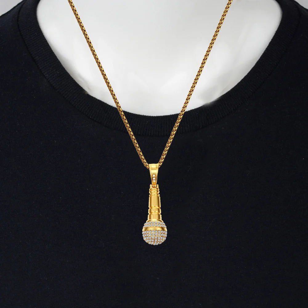 Hip Hop Iced Out Bling Microphone Pendant Gold Silver Color Stainless Steel Music Rapper Necklace for Men Women Jewelry Gift