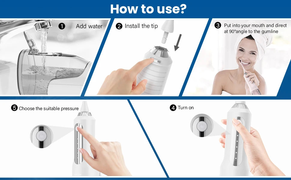 Dental Water Flosser Professional Cordless Rechargeable Electric Oral Irrigator Water Jet for Teeth Braces Care with 5 Jet Tips