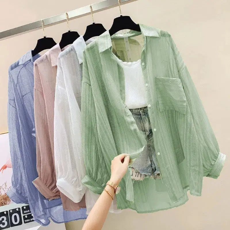 Sunscreen clothing for women, thin cut perspective chiffon shirt, Korean Harajuku loose top, casual women's cardigan top