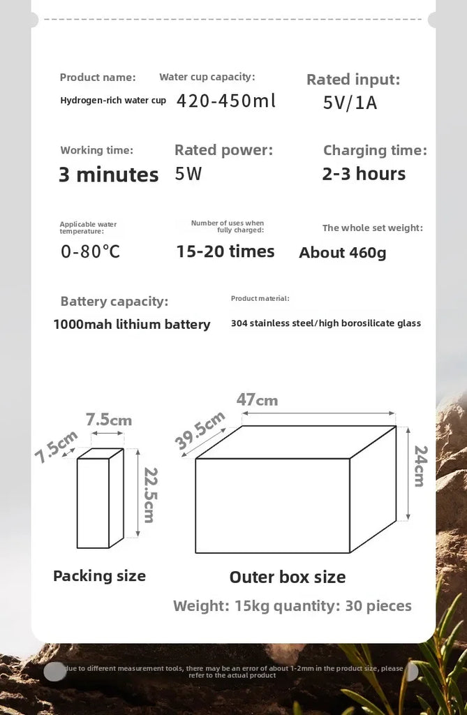 Portable Electric Hydrogen Generator Water Cup Filter Ionizer Maker Hydrogen-Rich Water Cup Anti-Aging Hydrogen Water Bottle