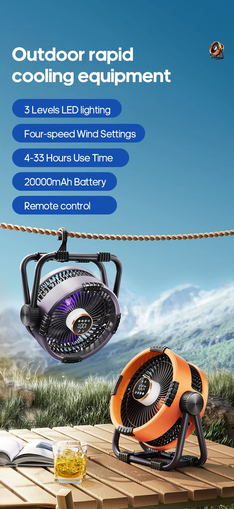 Portable 6 in 1 Outdoor Camping Fan 20000mAh Rechargeable Wireless Tent Ceiling Fan 4 Speed Adjustment LED Lighting Power Bank