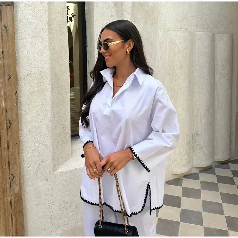 Women Vintage Solid Loose Pants Suit Lapel Single Breasted Long Sleeve Shirt Wide Leg Pants 2 Pcs Set 2025 New Ladies Streetwear