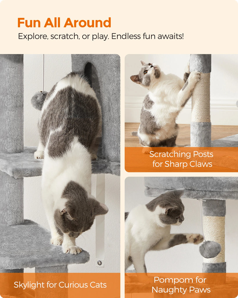 Feandrea Cat Tree, 56.3-Inch Cat Tower for Indoor Cats, Multi-Level Cat Condo with 4 Scratching Posts, 2 Perches, Hammock, Cave