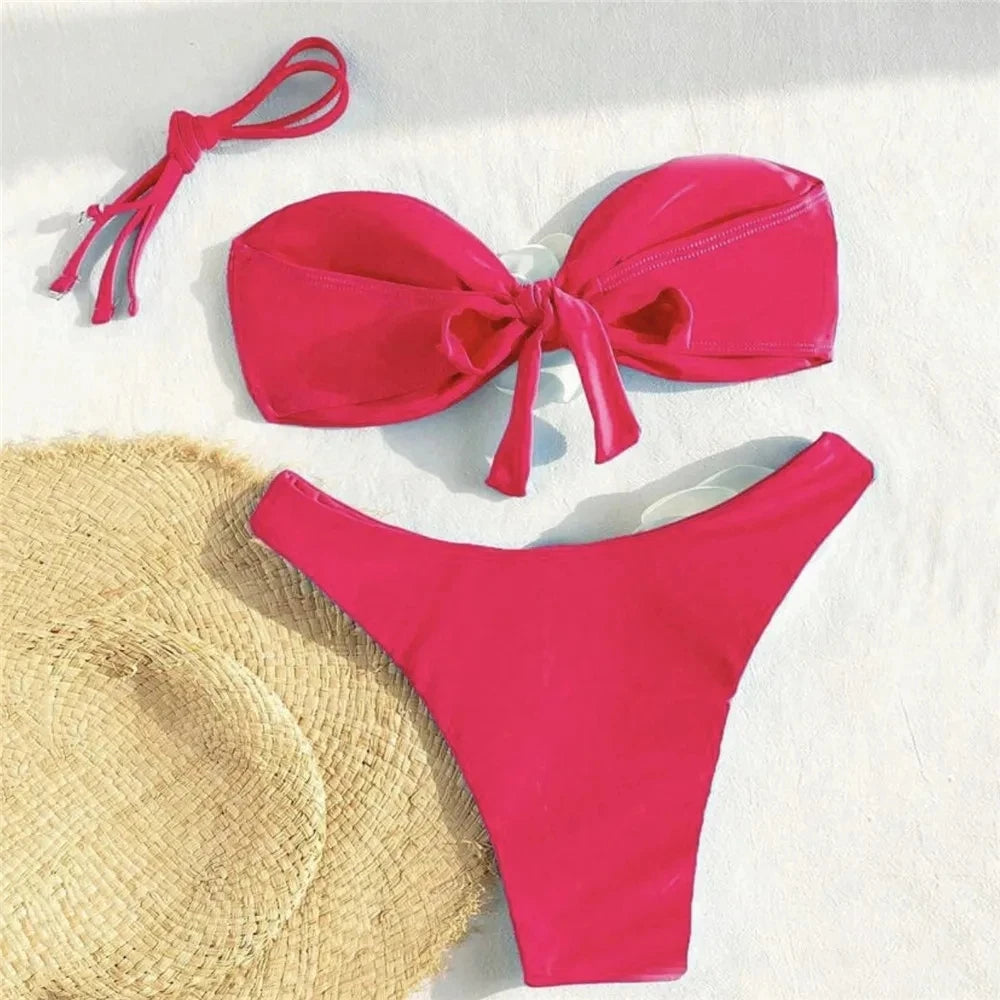 Sexy Flower Bandeau Swimwear Thong Bikini 2025 Women Lace-up Swimsuit Swimming Bathing Suit Brazilian Bikinis Sets Mujer Biquini