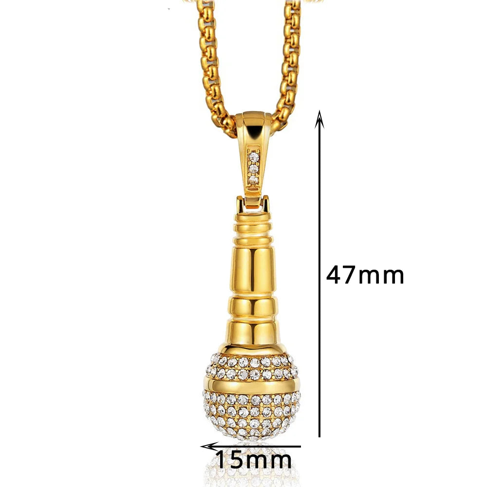 Hip Hop Iced Out Bling Microphone Pendant Gold Silver Color Stainless Steel Music Rapper Necklace for Men Women Jewelry Gift