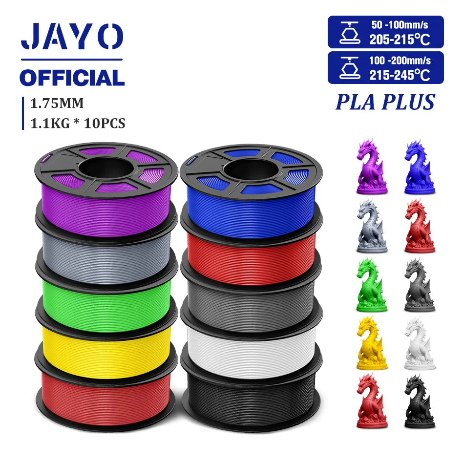 JAYO PLA + 3D Filament 1.75MM 10 Rolls PLA PLUS 3D Printer Filament Neatly Wound 3D Printing Filament 1.1kg Spool High Toughness