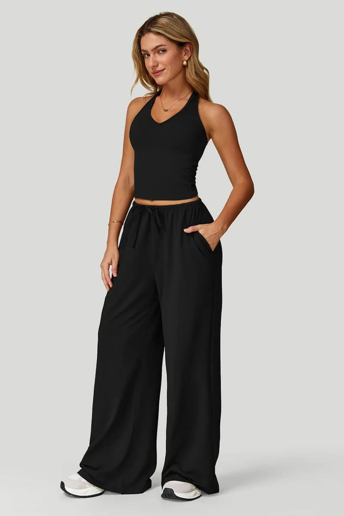 European and American fashion women's trousers set comfortable wide-leg trousers set loose casual pants women's sports fitness e