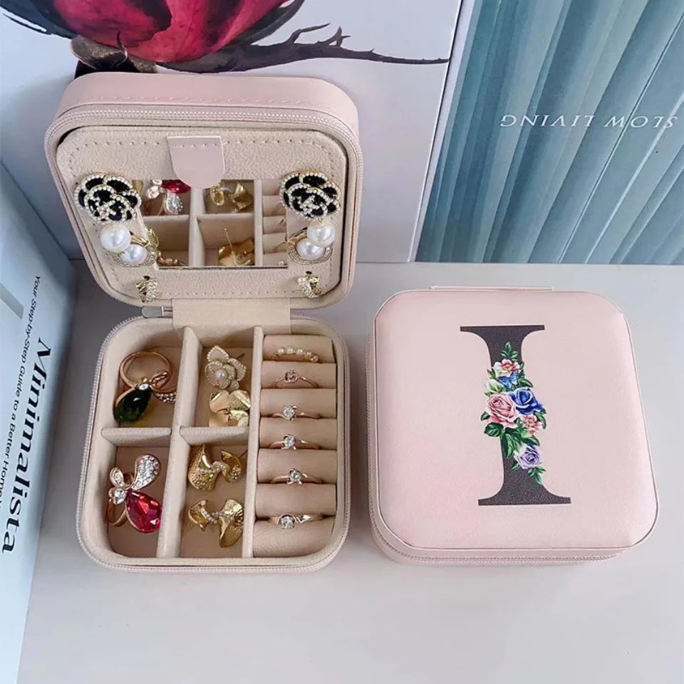 Flower&alphabet Jewelry Box Ring Boxes Travel Leather Jewellery Case Letter Print Bridesmaid Proposal Birthday Christmas Gift