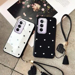 For Oppo A80 5G A40 4G A40M Case Small Love Heart Hard Glass Cover for OPPO A60 A3X A3 Pro Schockproof Tassel Wrist Phone Case