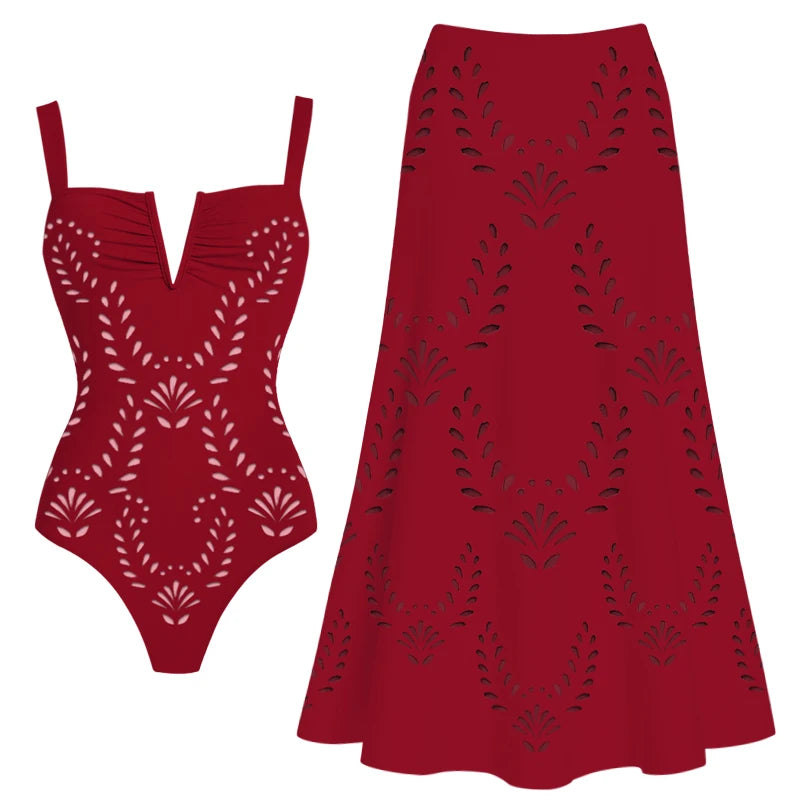 Women Bikini Set Swimsuit Sexy V Neck Solid Color Laser Cutting Flower Swimsuit Beachwear Luxury Summer Beachwear Dress