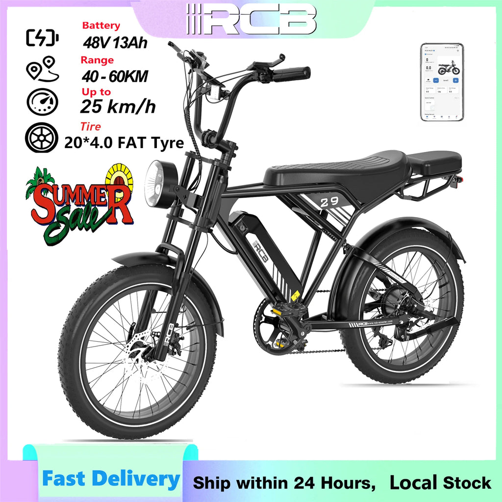 RCB 20'' E Bike, Electric Mountain Bike for Adults, Commuting Electric Bike with Removable 48V 15Ah Battery & APP, Range 40-60KM