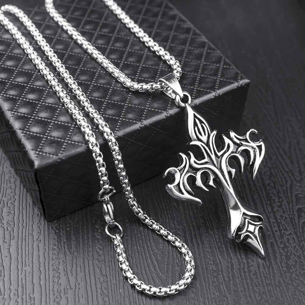 Hip Hop Fashion Jewelry Unique Design Stainless Steel Flame Cross Pendant Necklace Goth Necklaces Gift for Women Men