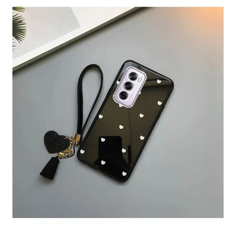 For Oppo A80 5G A40 4G A40M Case Small Love Heart Hard Glass Cover for OPPO A60 A3X A3 Pro Schockproof Tassel Wrist Phone Case