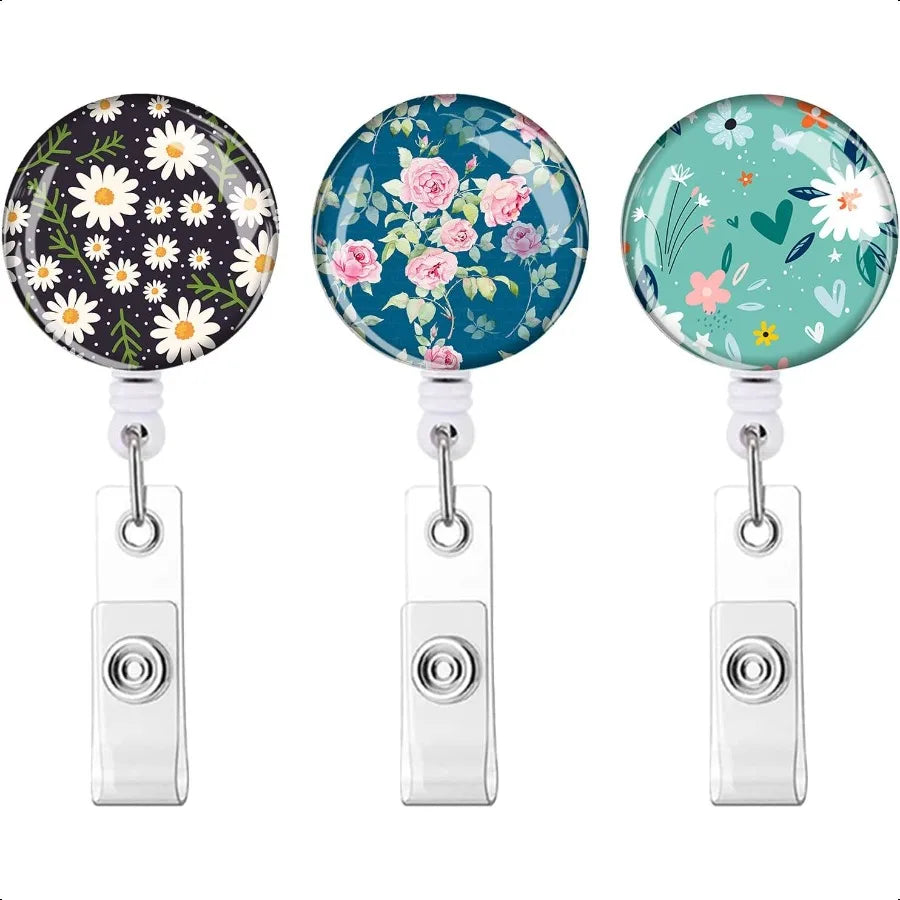 Retractable ID Badge Holder  Badge Reels with Clip Name Card Holders for Office Worker Doctor  Cute Flowers 3 Pack