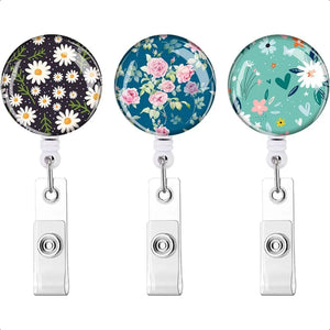 Retractable ID Badge Holder  Badge Reels with Clip Name Card Holders for Office Worker Doctor  Cute Flowers 3 Pack