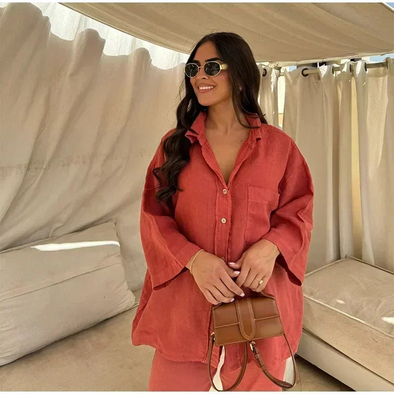 Women Vintage Solid Loose Pants Suit Lapel Single Breasted Long Sleeve Shirt Wide Leg Pants 2 Pcs Set 2025 New Ladies Streetwear