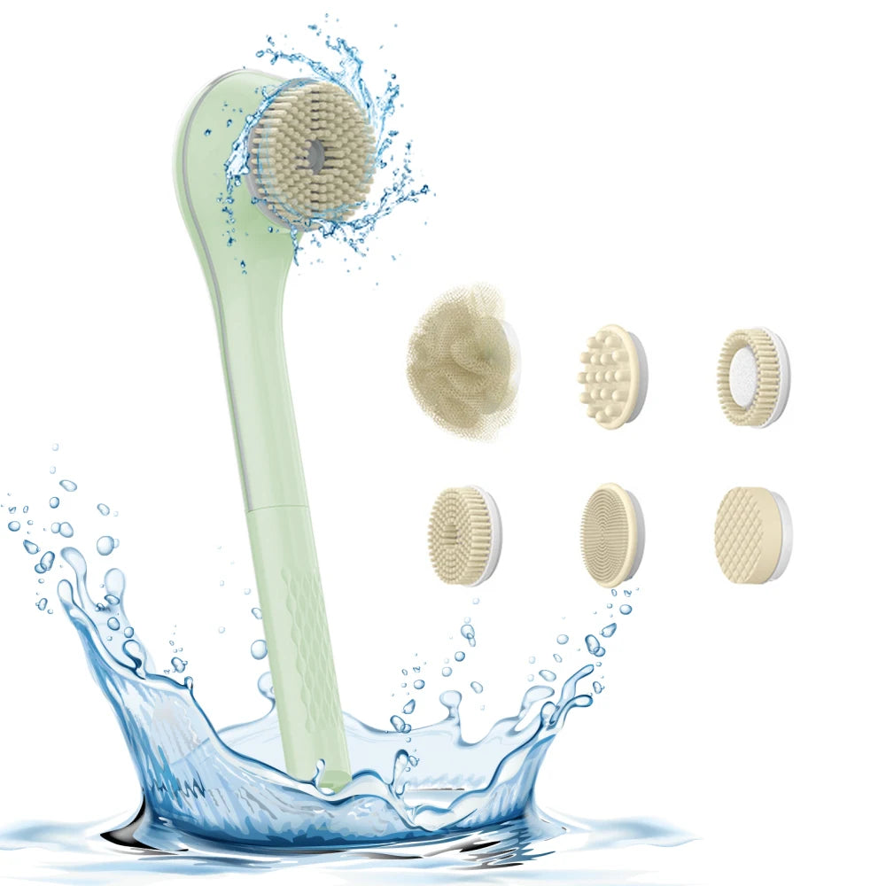 Electric shower brush, rechargeable, waterproof IPX7, 3-speed 6-in-1, wireless shower brush head, lazy scrubbing tool