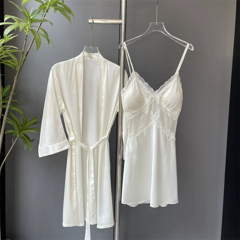 Sexy Female Nighty&Robe Set Lingerie Spring Summer Bathrobe Nightgown Two Piece Set Loose Silk Satin Home Dress Lounge Wear