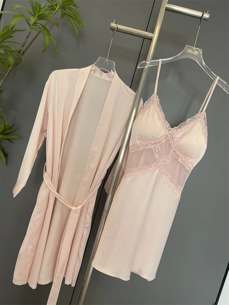 Sexy Female Nighty&Robe Set Lingerie Spring Summer Bathrobe Nightgown Two Piece Set Loose Silk Satin Home Dress Lounge Wear