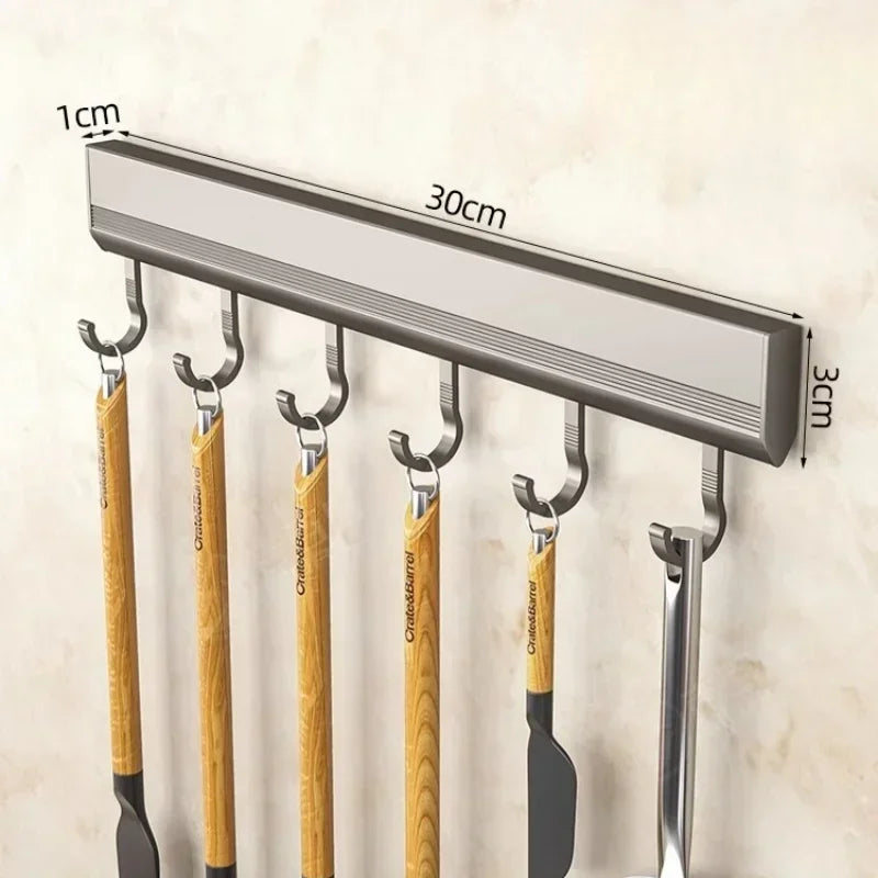 Kitchen Hook Wall Mounted Kitchen Storage Rack Storage Row Hook Holder No Punch Shelves with Movable Hook Kitchen Utensil