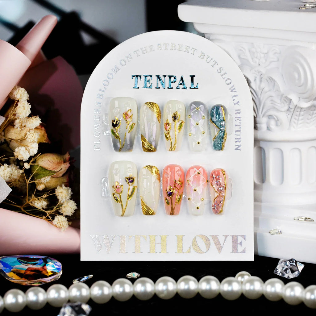 10Pcs Blue Handmade Press On Nails Set Ballet Wearable Artificial False Nails Decoration Nail Art Manicure Fake Nails Tips Art