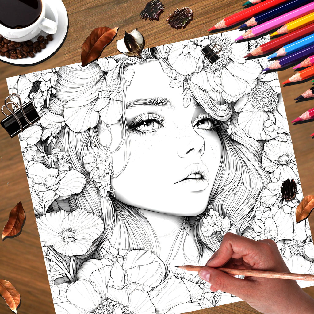Adult Picture Book: Beautiful Women in Bloom for Makeup Practice with Detailed Portraits and Coloring Pencil Techniques